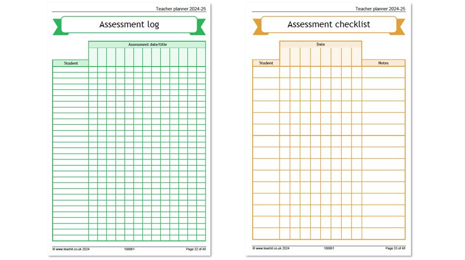 Student assessment trackers from Teachit's Teacher Planner