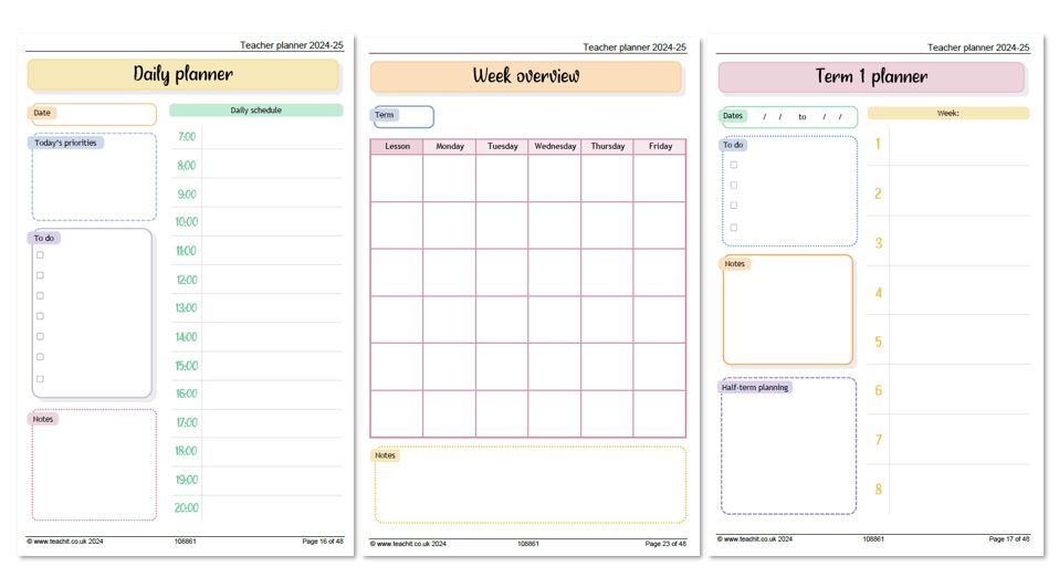 Daily, weekly and termly planning templates from Teachit's Teacher Planner