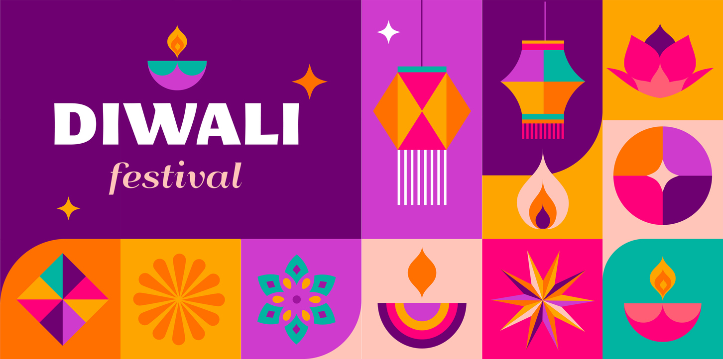 Diwali festival illustration with lamps, lotus flowers and Rangoli patterns