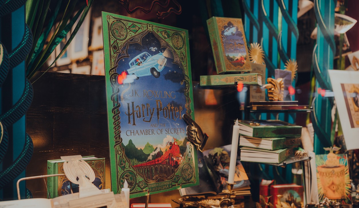 Harry Potter books in a window