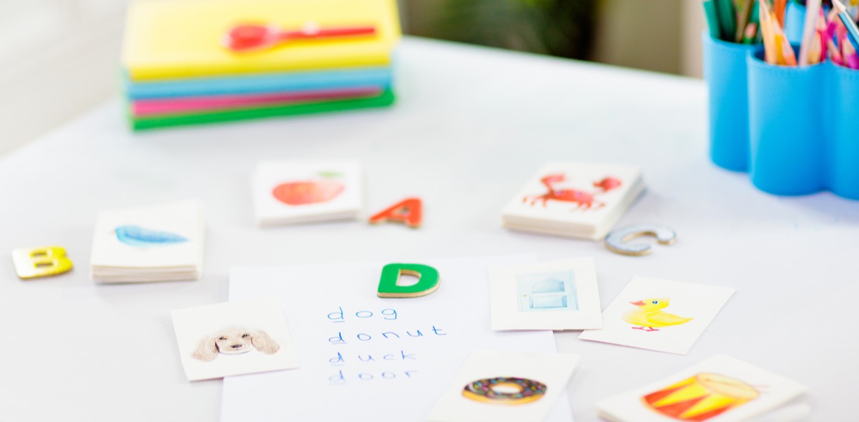 Phonics teaching cards on desk