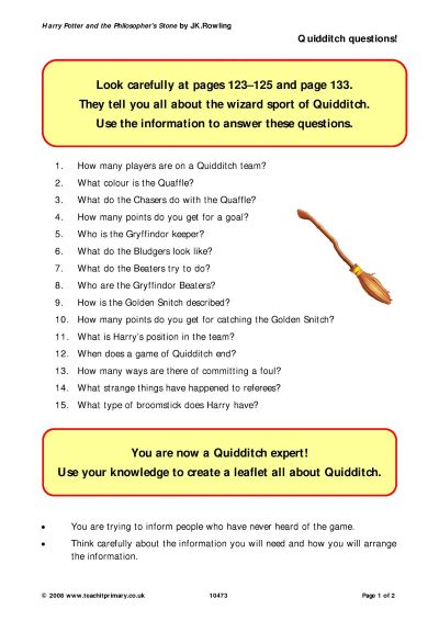 Quidditch questions  - Harry Potter reading comprehension (Teachit)