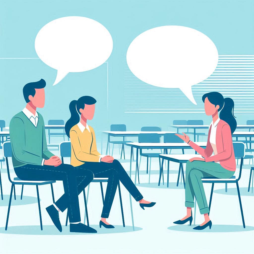 Teacher and parents talking in a secondary school classroom