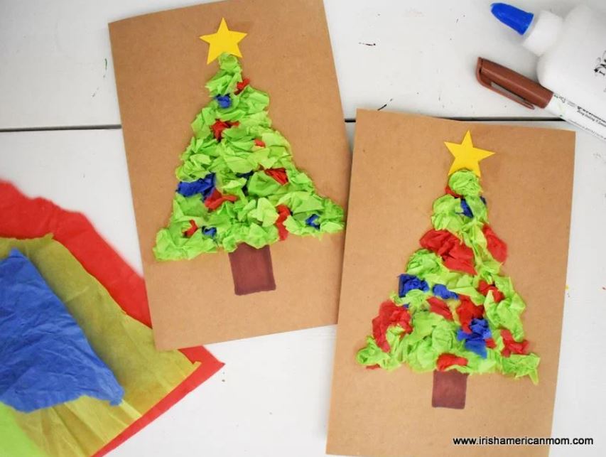 Tissue paper Christmas tree cards from Irish American Mom