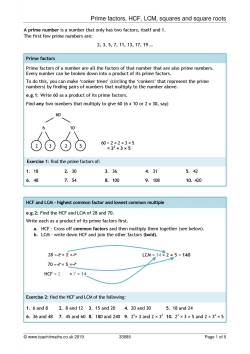 Prime Factors, HCF, LCM, squares and square roots